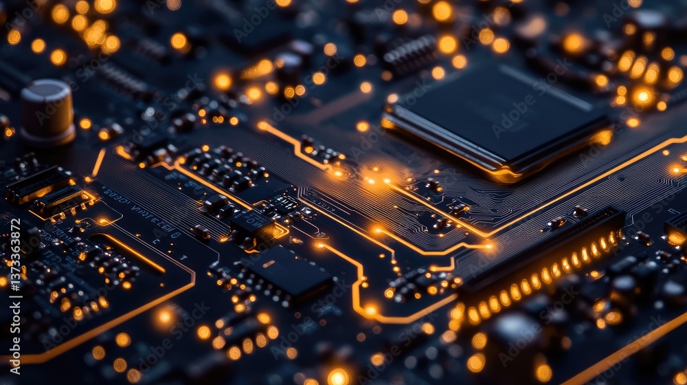Poster a close-up of an electronic motherboard with glowing components, emphasizing technology in a minimal