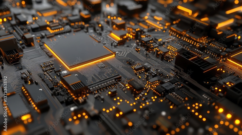 Poster a close-up of an electronic motherboard with glowing components, emphasizing technology in a minimal