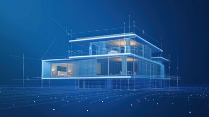 Clean and precise wire-frame illustration of a modern home on a deep blue backdrop, symbolizing the meticulous planning and innovative concepts behind architectural construction.