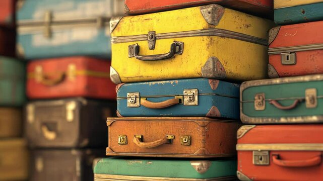 A vibrant stack of vintage suitcases, evoking a sense of adventure.