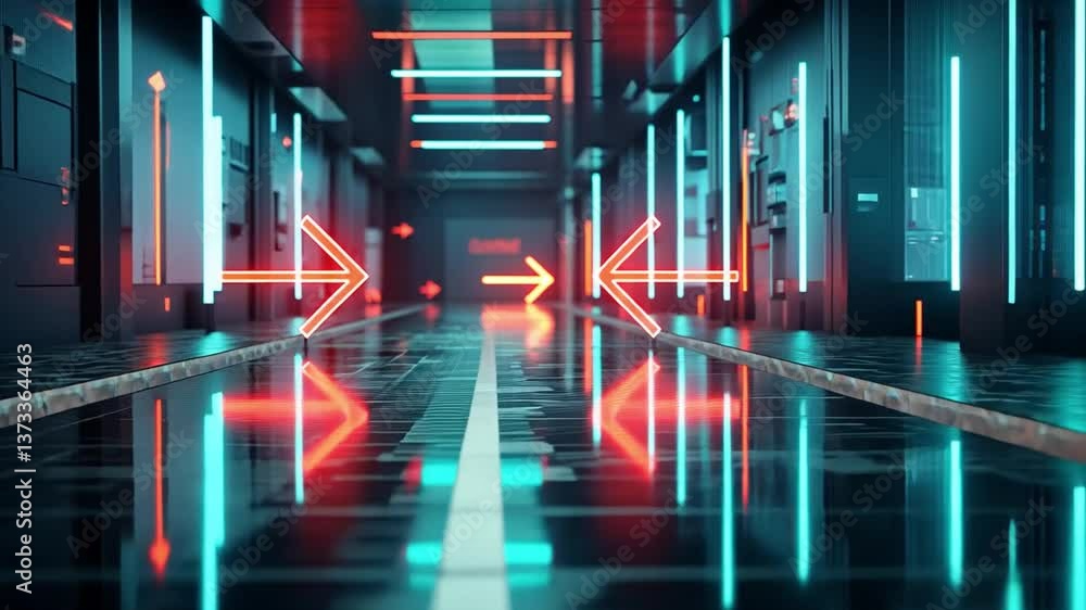 Poster futuristic corridor with vibrant neon lighting and reflective surfaces, featuring glowing arrows tha