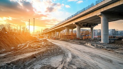 Fototapeta premium Bridge overpass construction with multiple support columns rising. Bridge construction copy space.