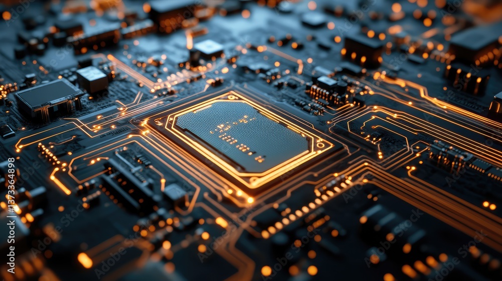 Poster close-up of an ai chip with digital data flowing between interconnected circuits. copy space for des