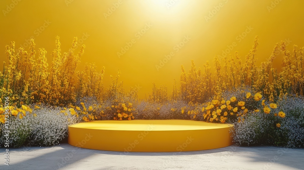 Poster yellow podium shelf or empty pedestal display on vivid fashion summer background with minimal style 