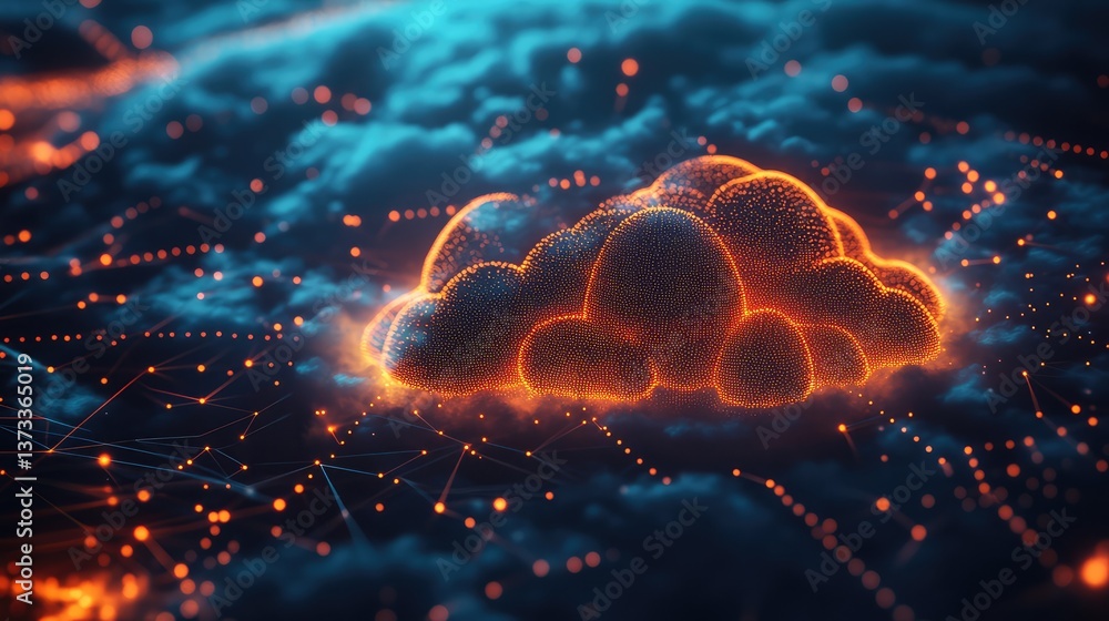 Poster close-up of an interconnected cloud system with glowing data lines and digital points, offering spac