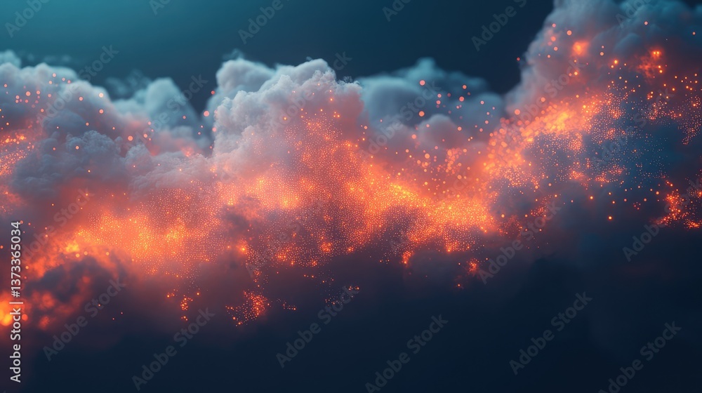 Poster close-up of an interconnected cloud system with glowing data lines and digital points, offering spac