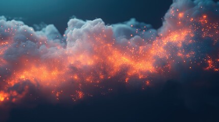 Close-up of an interconnected cloud system with glowing data lines and digital points, offering space for copy.