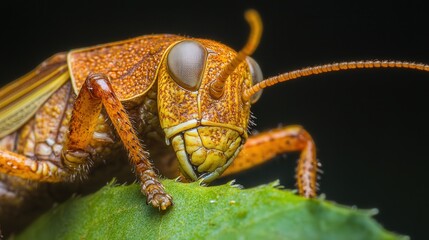 Naklejka premium grasshopper eating a leaf, with a sharp focus on its textured exoskeleton and the leaf's torn edge.