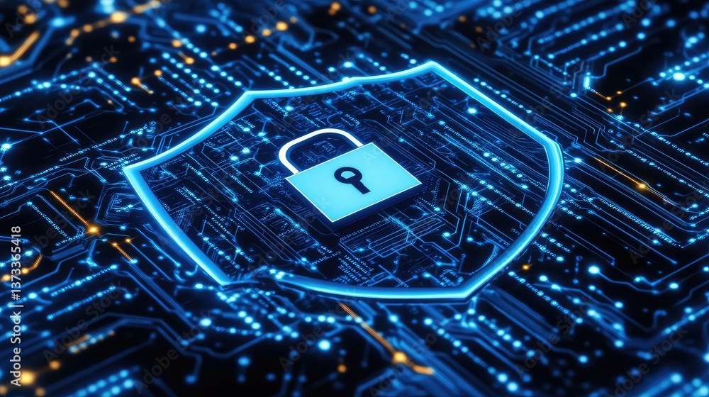 Poster close-up of a digital shield and lock icon over encrypted network data, clean background space for t