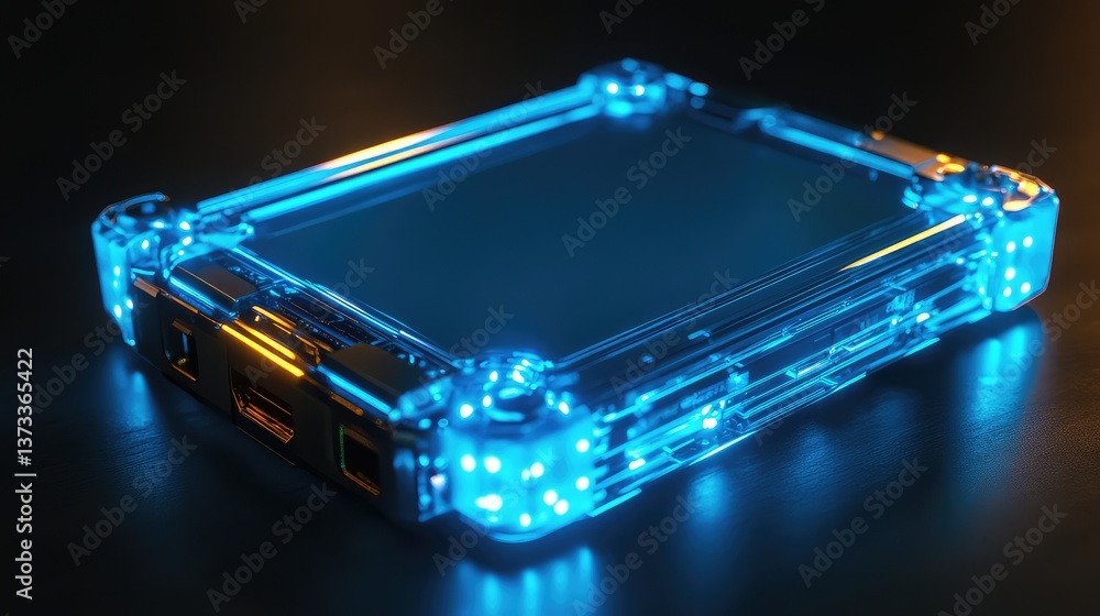 Poster close-up of a glowing hard drive or storage device, symbolizing data storage and digital technology 