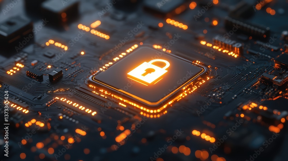 Poster close-up of a glowing cybersecurity icon on a dark abstract background with encrypted data, clean sp