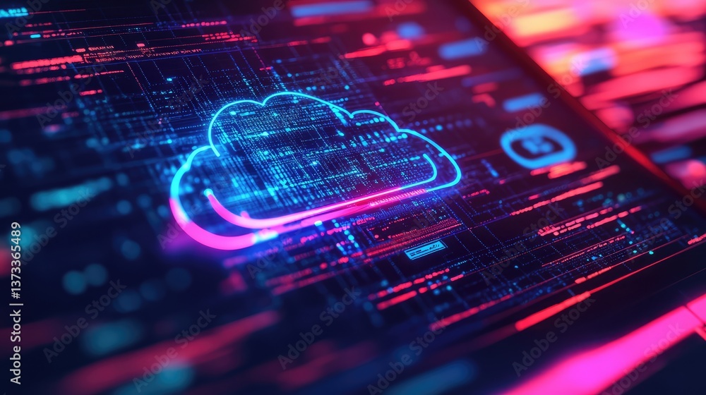 Poster close-up of a laptop screen showing data transfer and cloud integration, clean background with copy 