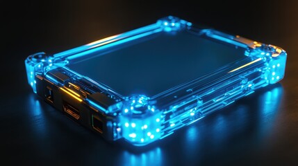 Close-up of a glowing hard drive or storage device, symbolizing data storage and digital technology with clean background.