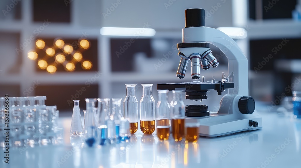 Poster close-up of biotechnological research on the lab table with various scientific tools, clean backgrou