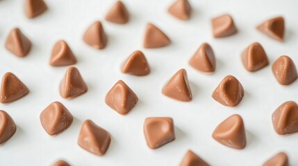 milk chocolate pieces scattered on a pristine white surface, highlighting their soft and creamy texture, inviting a sweet indulgence