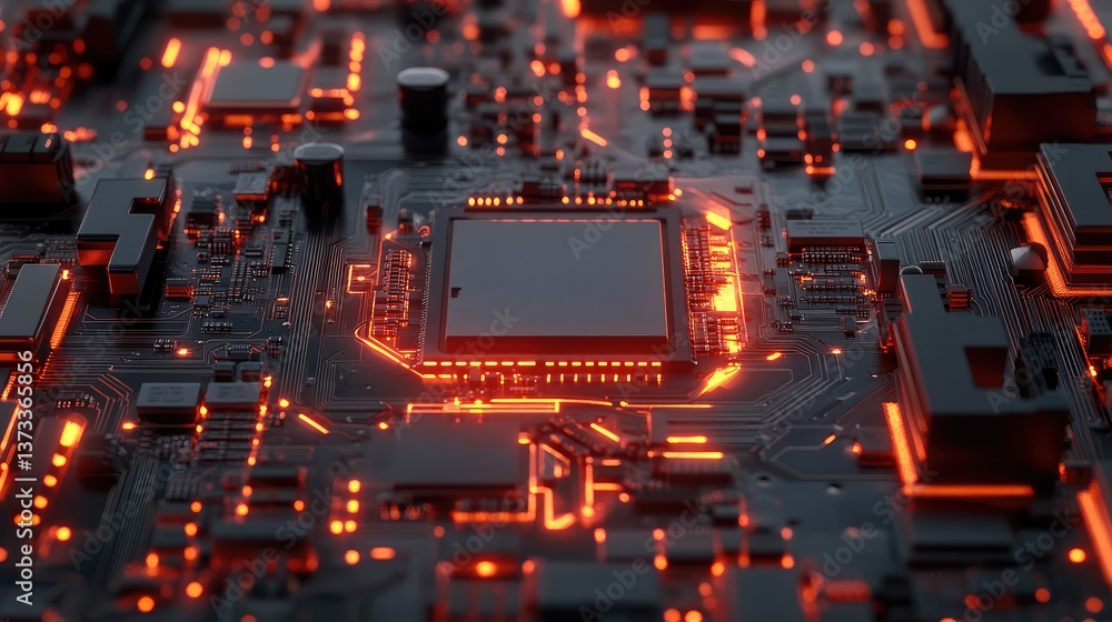 Poster close-up of digital connections and data points on a motherboard or circuit board with glowing eleme