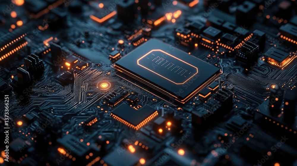 Poster close-up of technology components interconnected by glowing circuits. empty background with copy spa