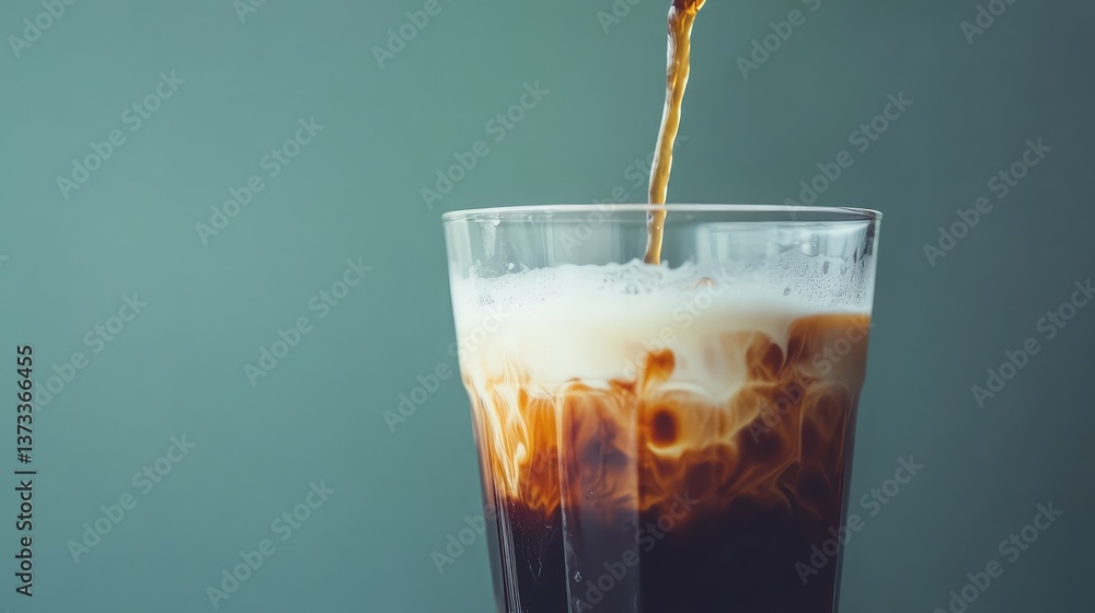 Poster cold brew coffee being mixed with milk, creating a gradient effect. drink mixing copy space.
