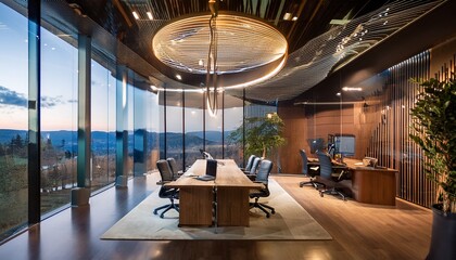  A high-end office with a combination of glass and dark wood elements, featuring stylish pend