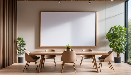  A modern meeting room with a large white blank panel framed in light oak, designed for custo 