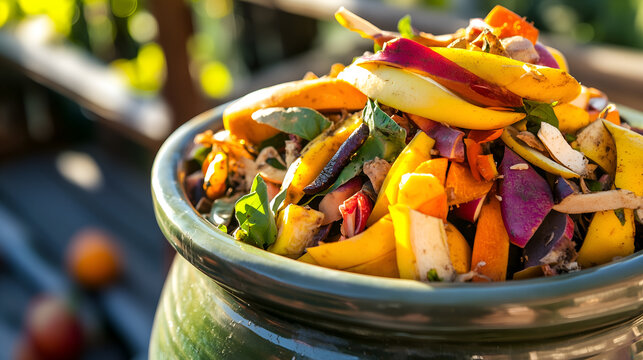 an assorted array of compost ingredients filling a ceramic pot. the image highlights the vibrant colors and textures of the decomposing materials, suggesting an enriching process
