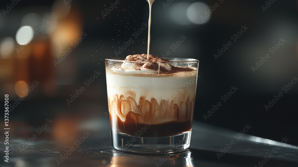 Poster dark espresso mixing with foamed milk to create a layered latte. drink mixing copy space.