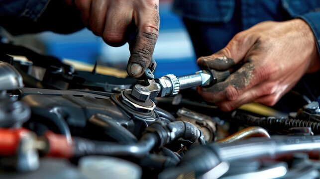 Skilled auto technician using tools to fix a vehicle in a professional garage