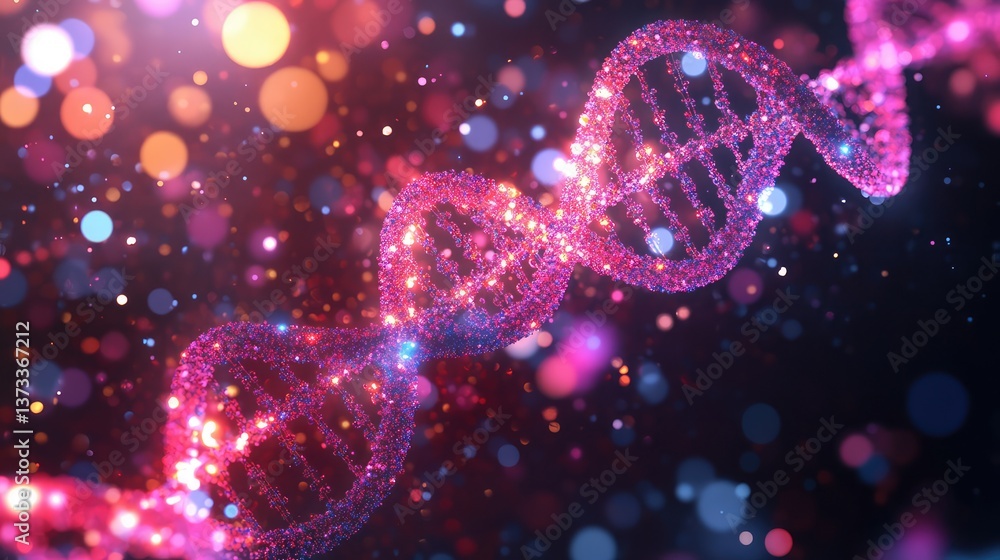 Poster digital representation of dna molecules and biotech-related structures against a dark background, am