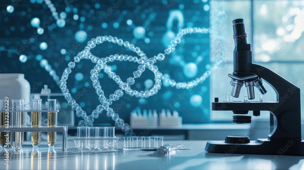 Poster dna strands and molecular structures displayed on a digital screen with research lab tools in the ba