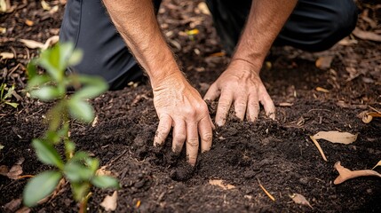 Close-up of a person hands pressing soil around a new tree planted in honor of nature