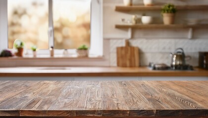  Butcher block counter-style wood table top in high clarity, kitchen scene with soft pastel t