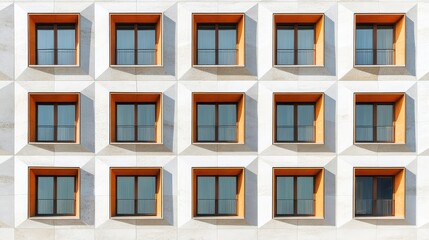 Fototapeta premium Facade of a contemporary building with staggered balconies, geometric pattern. Architecture background with copy space.