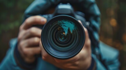 Frontal perspective of photographer focusing on subject through camera lens