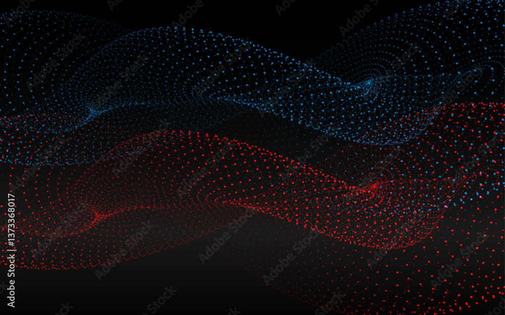 Poster red and blue particle waves on a dark checkered transparent background, digital design. intertwined 