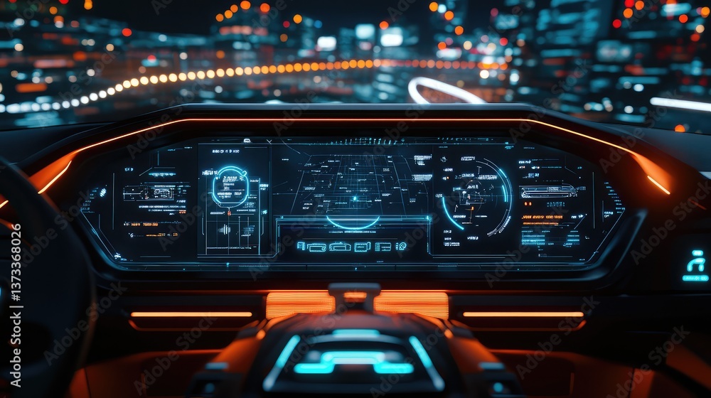 Poster futuristic dashboard of an autonomous vehicle with navigation and route information displayed on a d
