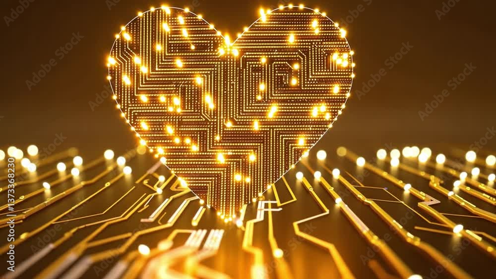 Poster glowing heart design fusion of technology and emotion in abstract circuit patterns, radiating connec