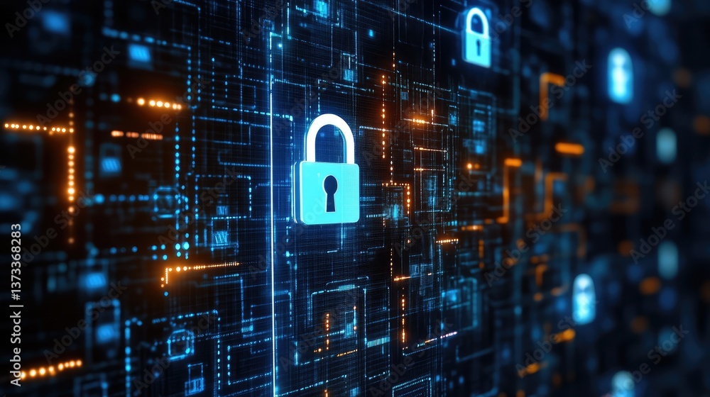 Poster futuristic virtual lock and encryption symbols with glowing data grids in the background, clear spac