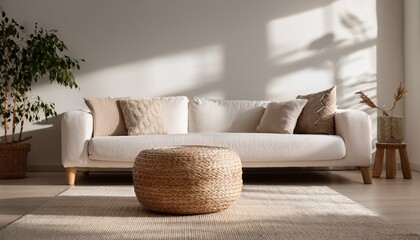 Side-angle shot of a neutral-toned wicker pouf, positioned near a white sectional sofa, with