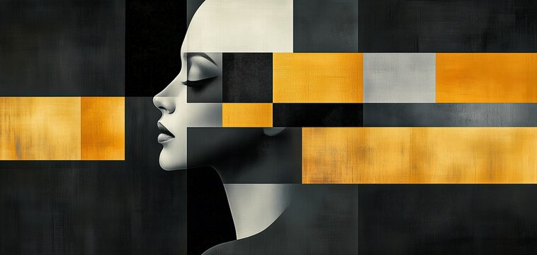 Stylized modern abstract side profile portrait of a woman blended with golden yellow and black geometric shapes on textured canvas