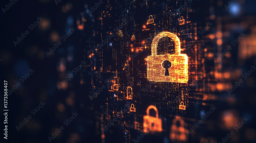 Poster glowing padlock and digital security icons floating in a virtual space, clean background for design.