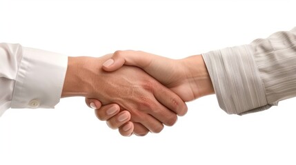 A close-up shot of a male and female lawyer shaking hands, smiling and looking confident, against a neutral white background, emphasizing their partnership and agreement.