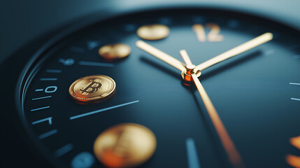 close-up of a stylish watch with Bitcoin coins representing time and cryptocurrency 
