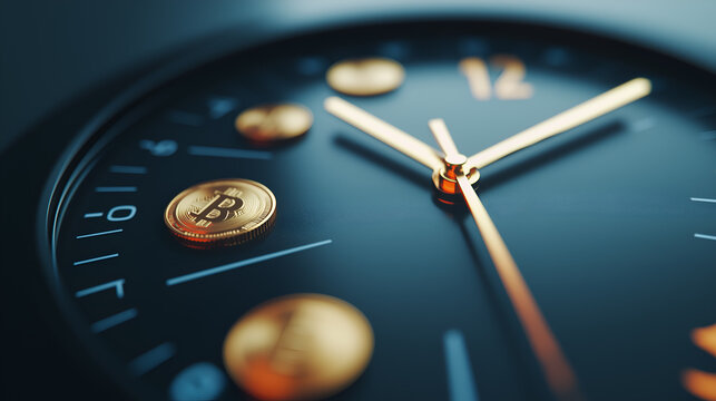 close-up of a stylish watch with Bitcoin coins representing time and cryptocurrency 