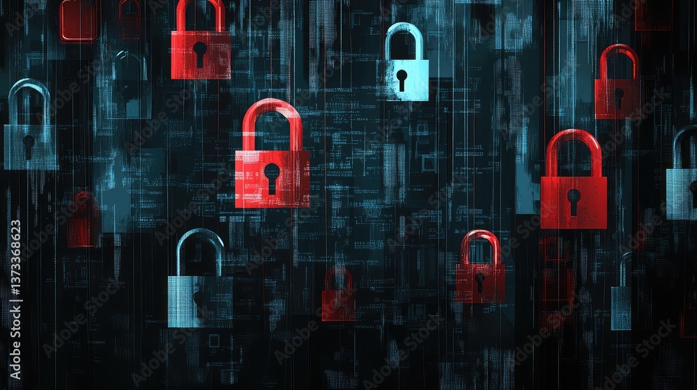 Poster high-tech abstract background featuring digital security elements like locks and encryption codes, s
