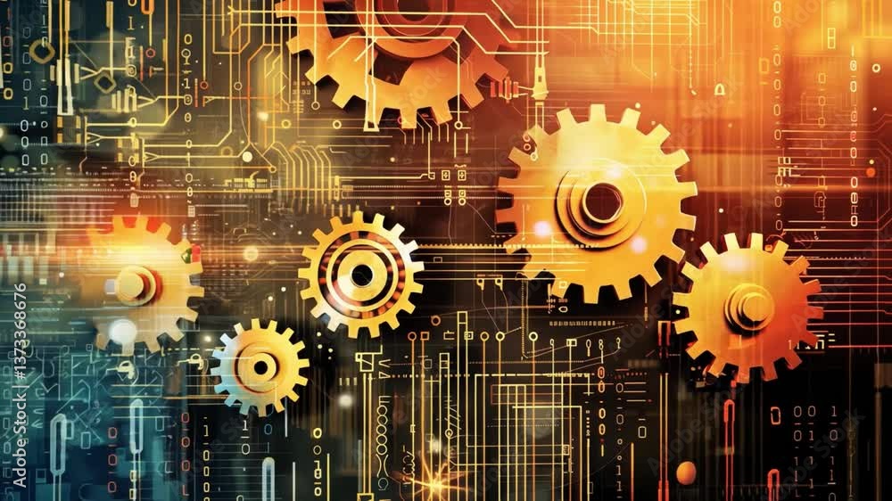 Poster vibrant digital background interlocking gears and circuit patterns showcasing technology and innovat