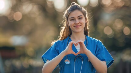 An inspiring shot of a female nurse forming a heart with her hands standing , symbolizing compassion in the medical profession.