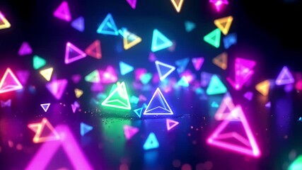 Floating colorful neon triangles on black background with glow - Powered by Adobe