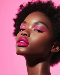 Portrait of woman with bold pink makeup on vibrant pink background
