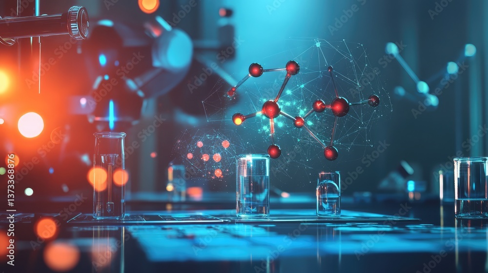 Poster high-tech molecular structures and digital information floating over laboratory tables filled with s