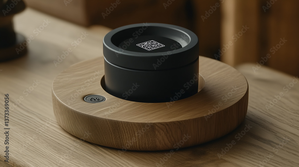 Poster a black circular object is displayed on a wooden round base, showcasing a minimalistic aesthetic